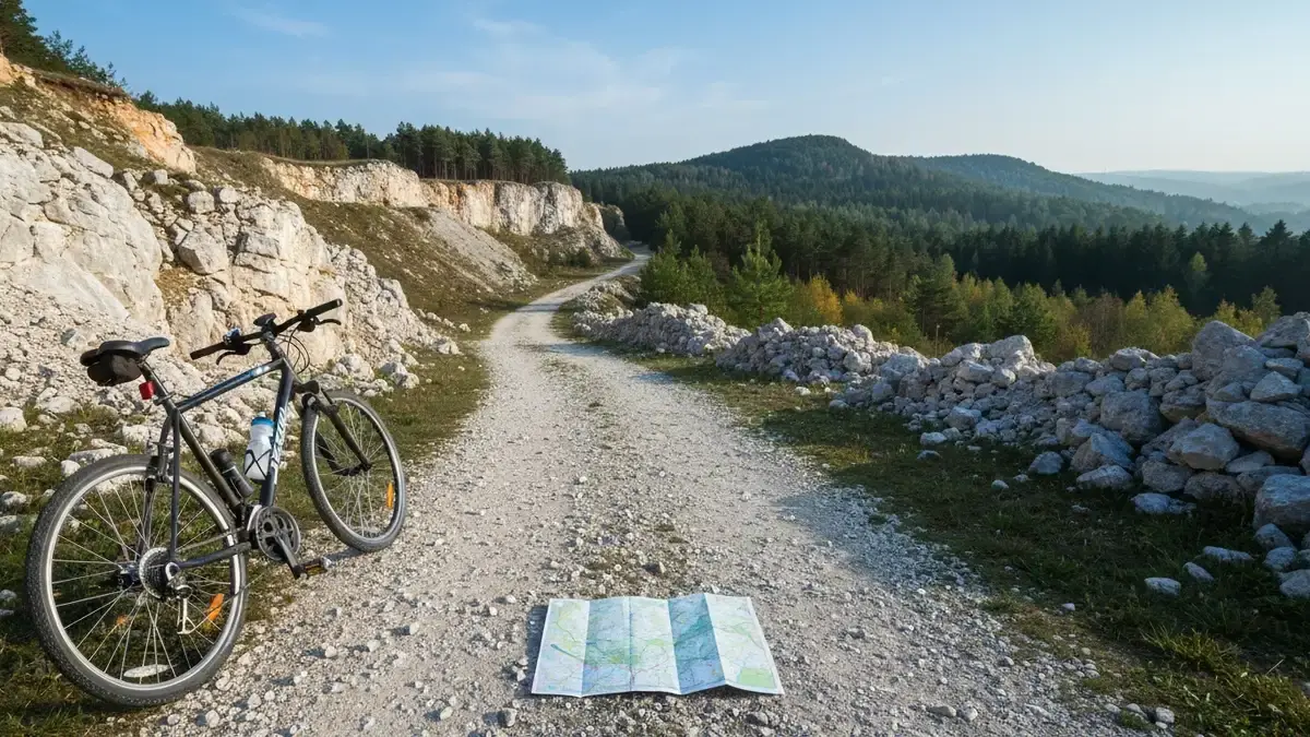 Rower i mapa na wapiennej trasie Kadzielni z widokiem na zielone wzgorza Kielc