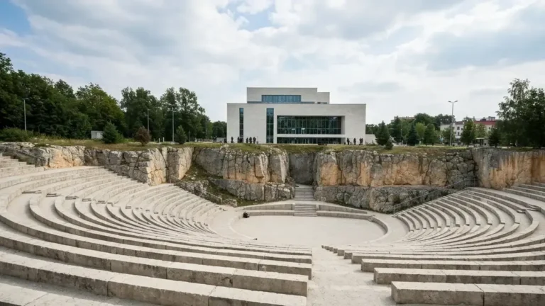 Amfiteatr Kadzielnia w Kielcach ze skałami wapiennymi i miejskim tłem Filharmonii