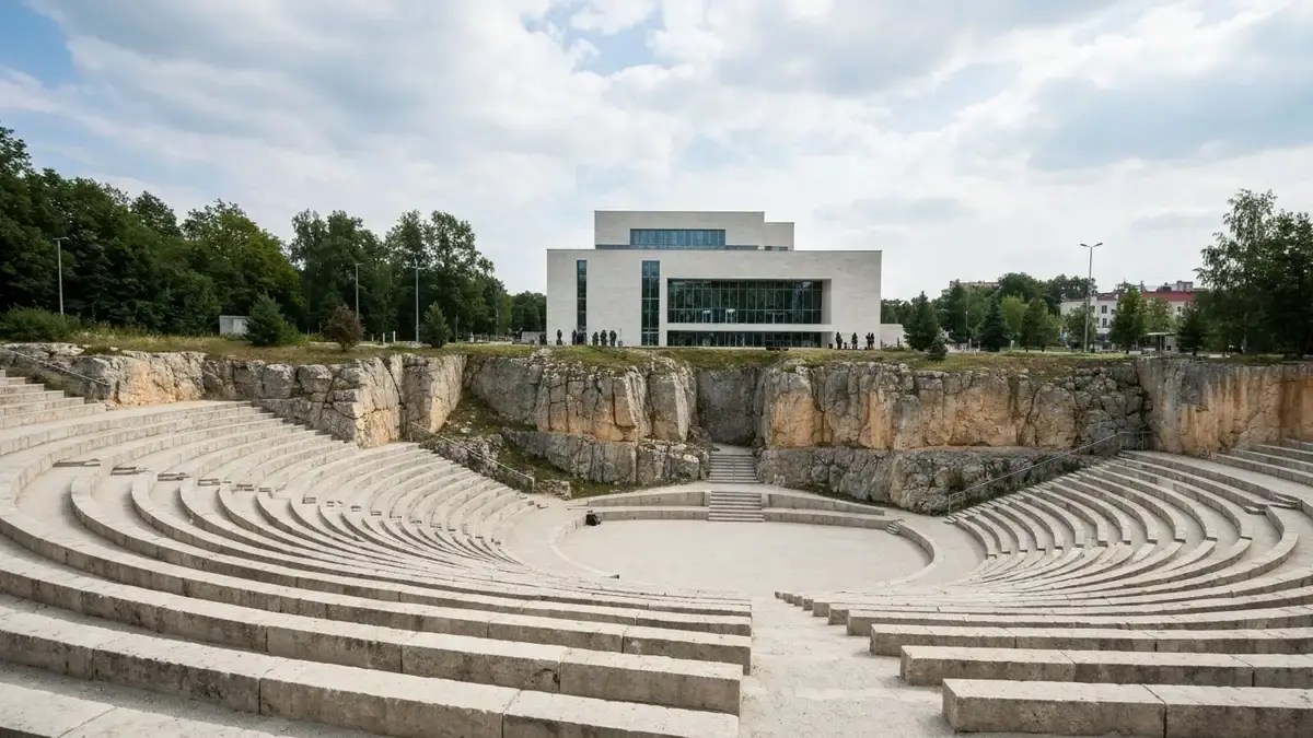 Amfiteatr Kadzielnia w Kielcach ze skałami wapiennymi i miejskim tłem Filharmonii