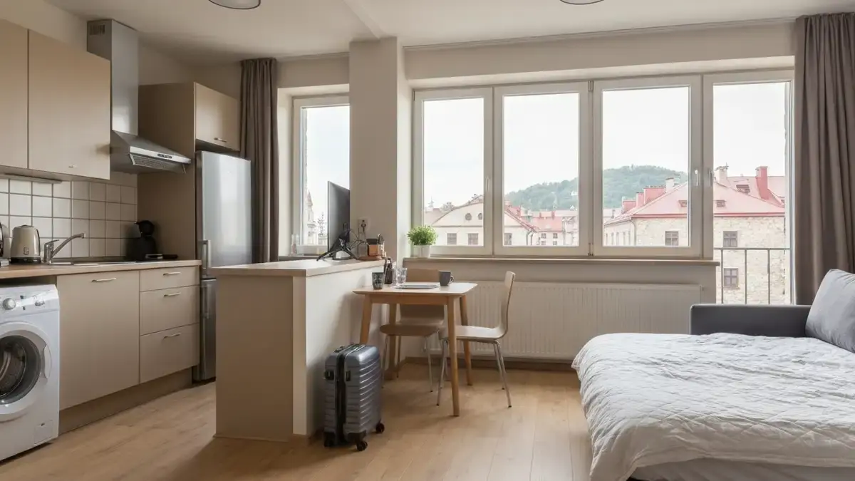 Jasny apartament turystyczny w centrum Kielc z widokiem na kamienice przy deptaku