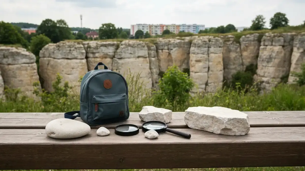 Plecak, zabawki i wapienne kamienie na tle Kadzielni w Kielcach