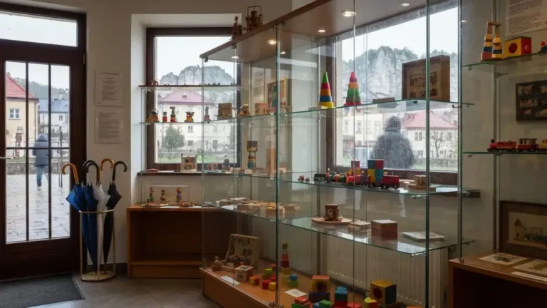 Wystawa dawnych zabawek w muzeum w Kielcach w deszczowy dzień