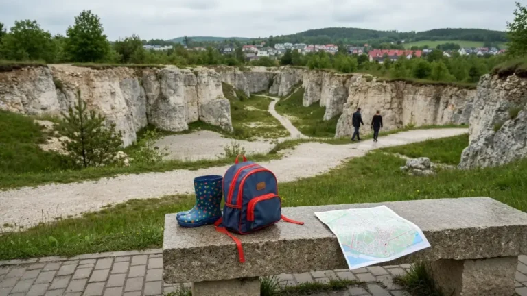 Kadzielnia w Kielcach z dziecięcym plecakiem i kaloszami na tle skał