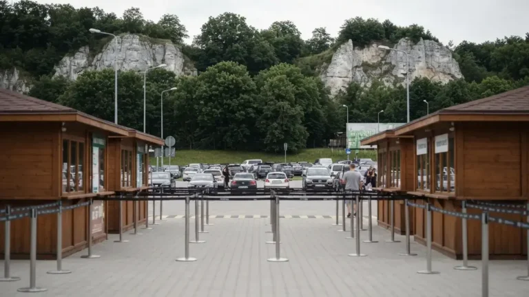 Kolejki i parking przy atrakcjach w Bałtowie w letni dzień
