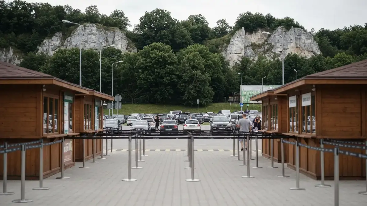 Kolejki i parking przy atrakcjach w Bałtowie w letni dzień