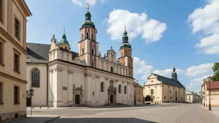 Bazylika Katedralna w Kielcach i spokojna ulica w stronę kościoła Świętej Trójcy