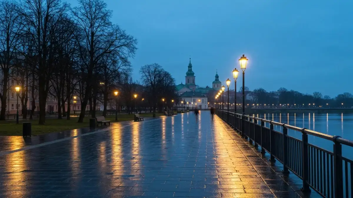 Oświetlone bulwary nad Silnicą w Kielcach wieczorem