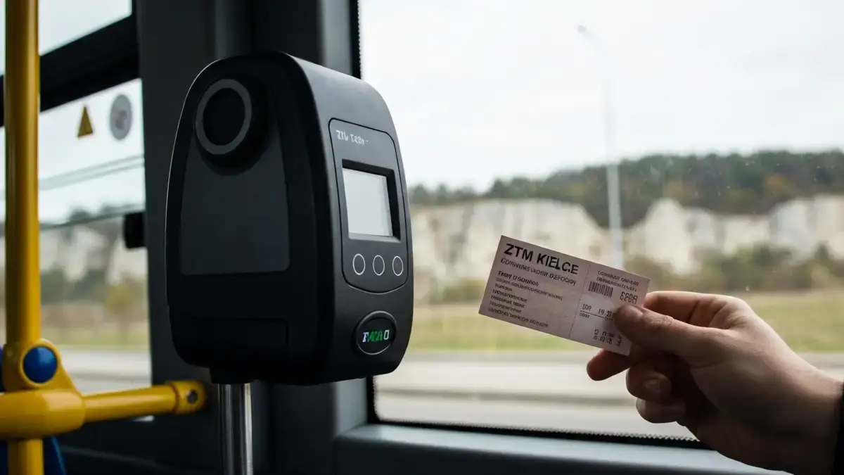 Kasownik i bilet w autobusie miejskim w Kielcach z Kadzielnią w tle