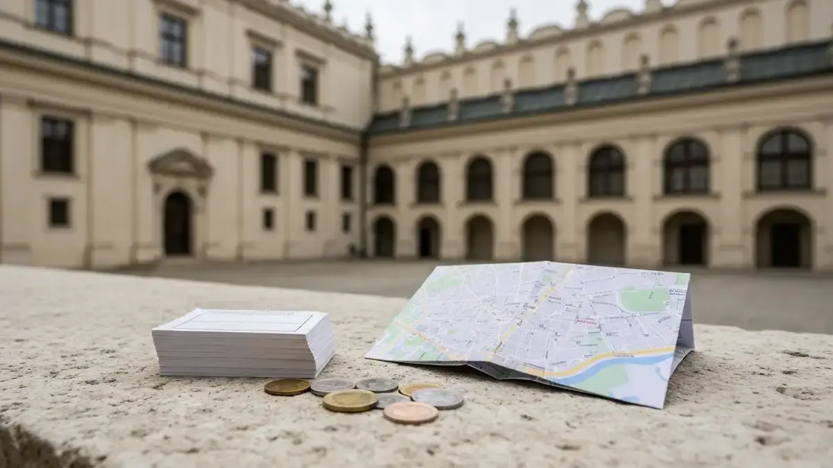 Blank bilety muzealne i monety na tle pałacowej architektury Kielc