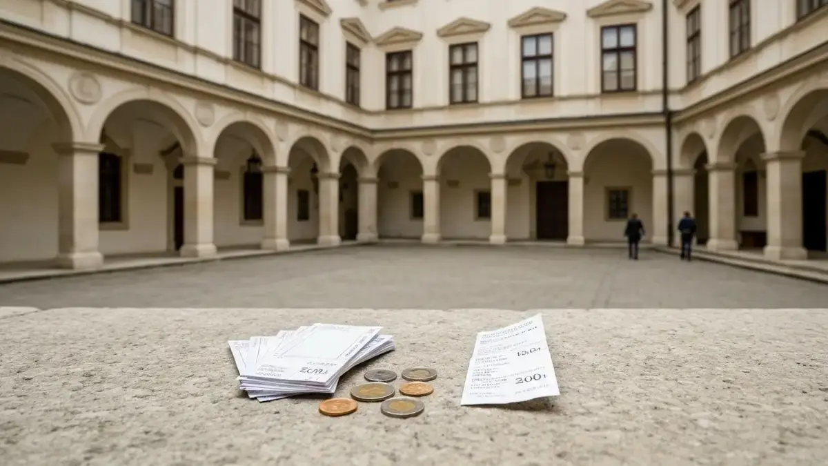 Blankiety biletów na tle dziedzińca Pałacu Biskupów Krakowskich w Kielcach