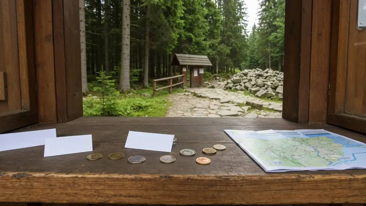 Drewniana kasa przy wejściu do Świętokrzyskiego Parku Narodowego i leśny szlak na Łysą Górę