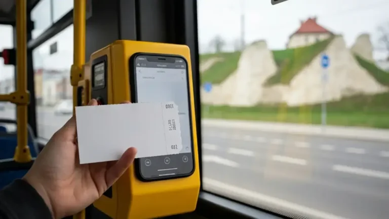 Bilet autobusowy i kasownik w autobusie miejskim w Kielcach