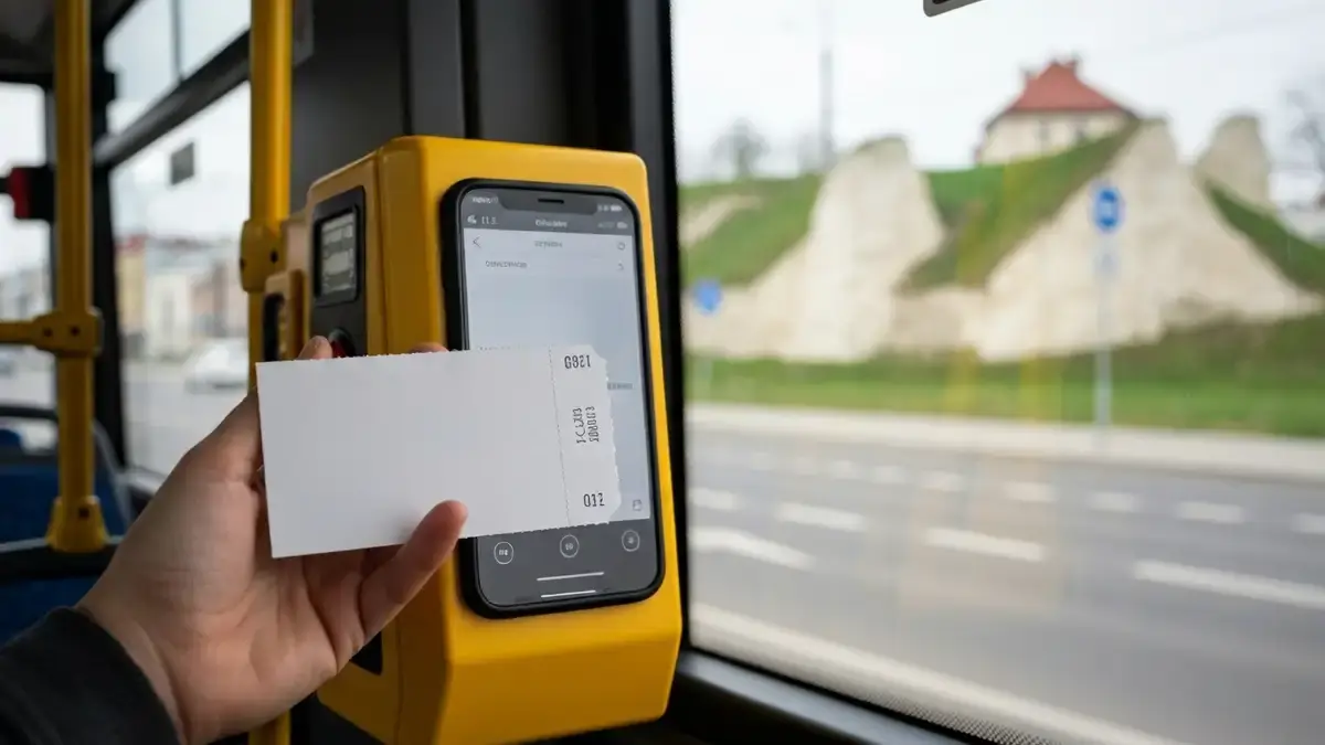 Bilet autobusowy i kasownik w autobusie miejskim w Kielcach