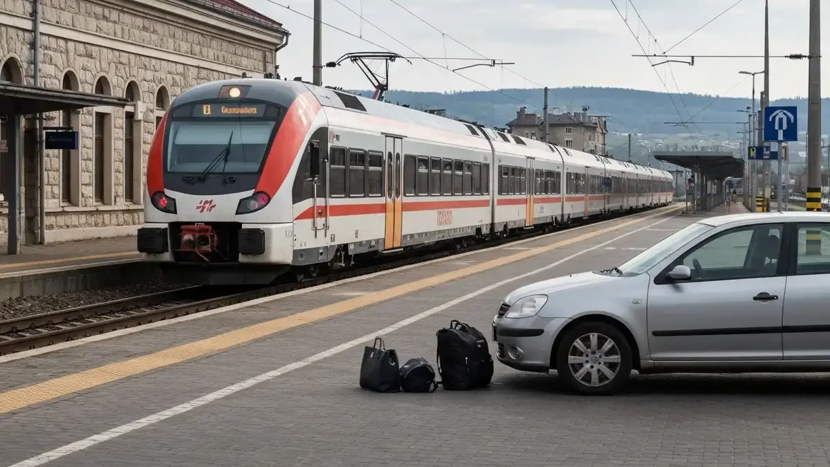 Pociag i nieoznakowany samochod przy dworcu w Kielcach na tle Gór Swietokrzyskich