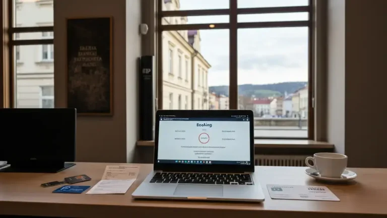 Recepcja hotelowa w Kielcach z laptopem, kartą pokoju i dokumentami rezerwacji