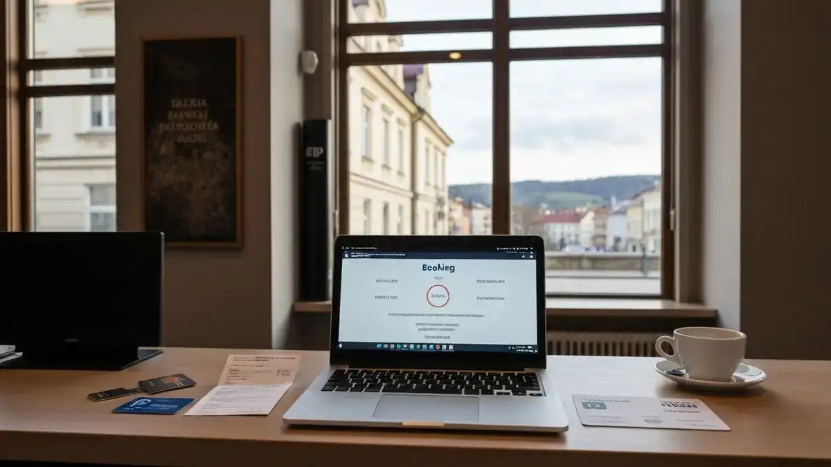 Recepcja hotelowa w Kielcach z laptopem, kartą pokoju i dokumentami rezerwacji