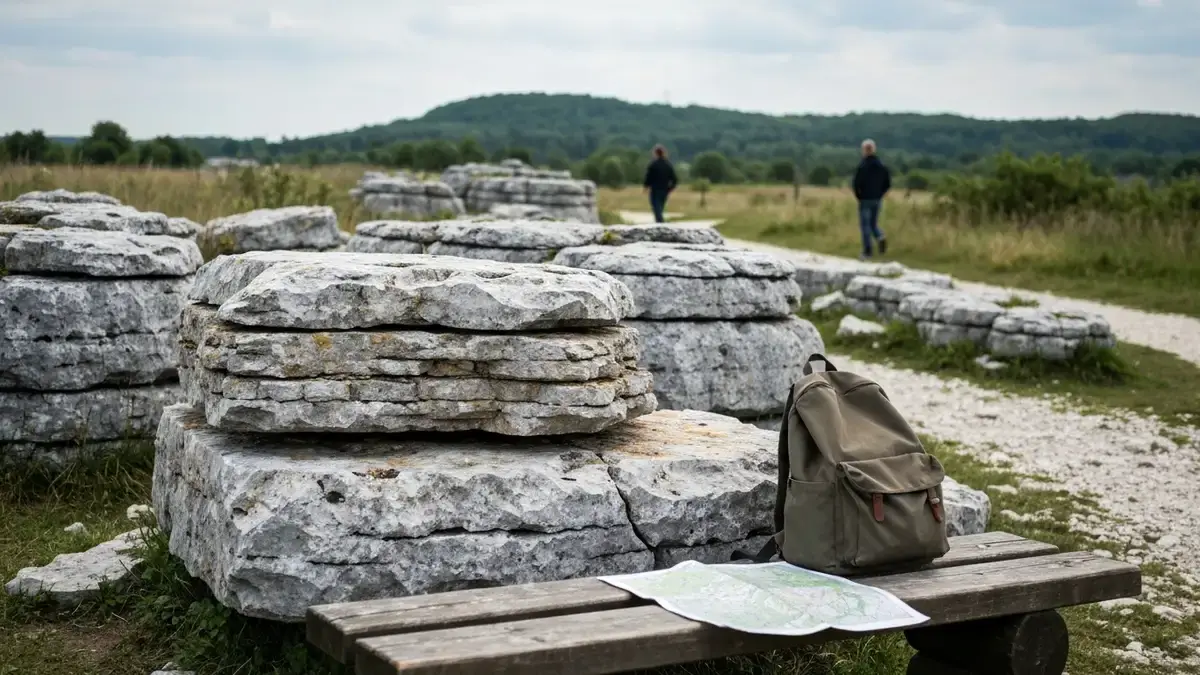 Mapa i plecak przy wapiennych skałach Wietrzni w Kielcach jako plan B po braku biletów