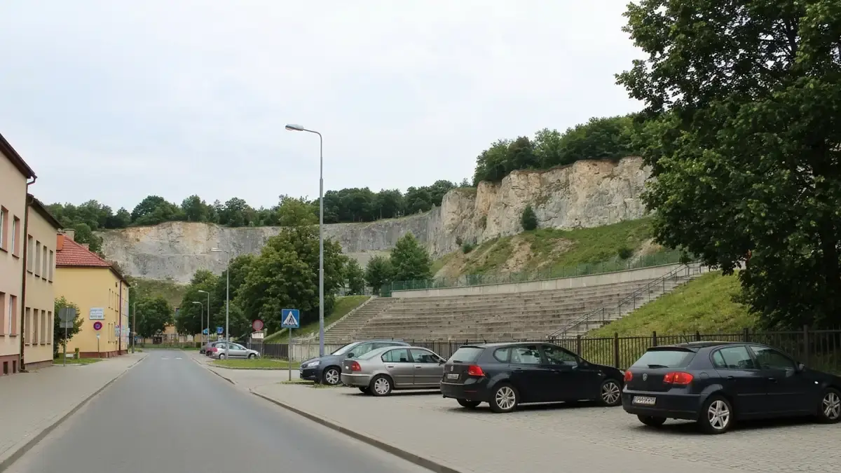 Samochody zaparkowane przy ulicy obok Kadzielni w Kielcach i wapienne skały rezerwatu w tle