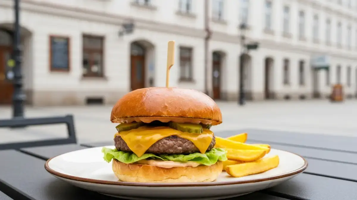 Burger z frytkami na stoliku w centrum Kielc, w tle kamienice i miejski bruk