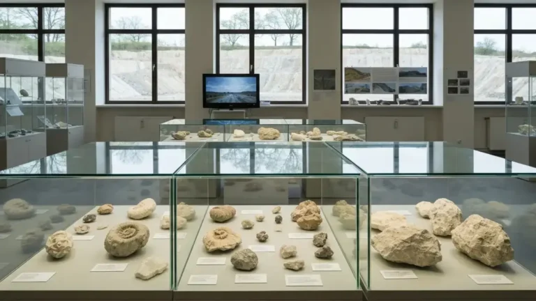 Gabloty z minerałami i skałami w geologicznej ekspozycji w Kielcach