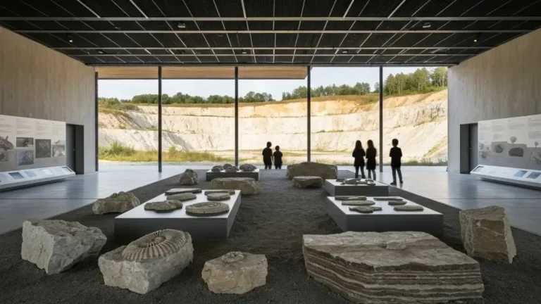 Ekspozycja geologiczna przy Wietrzni w Kielcach ze skałami i widokiem na dawny kamieniołom