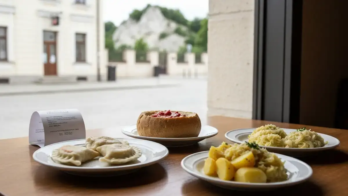 Obiad w kieleckiej restauracji z daniami kuchni domowej na tle miejskiej zabudowy