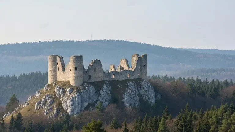 Ruiny zamku w Chęcinach na tle krajobrazu Gór Świętokrzyskich
