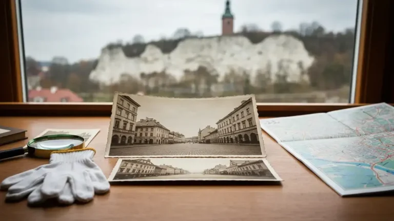 Stare fotografie Kielc na drewnianym stole archiwalnym z lupą i widokiem na świętokrzyskie wzgórza