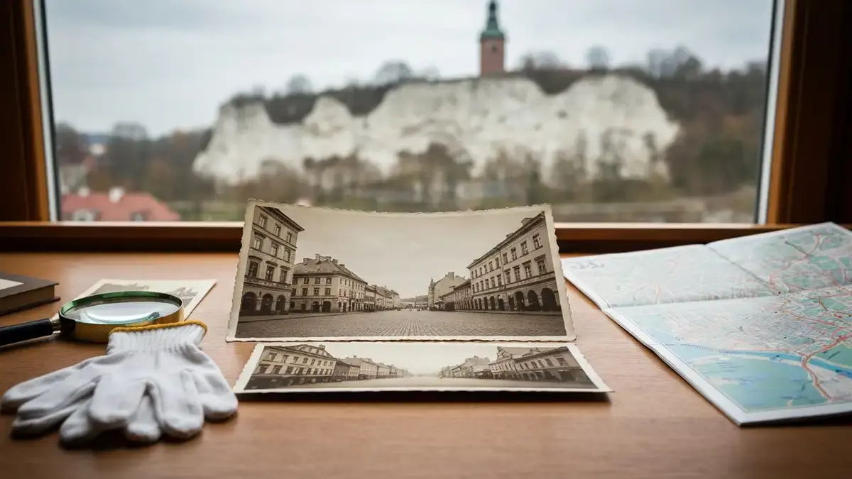 Stare fotografie Kielc na drewnianym stole archiwalnym z lupą i widokiem na świętokrzyskie wzgórza