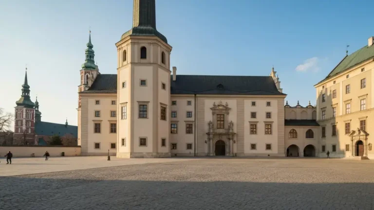Pałac Biskupów Krakowskich w Kielcach widziany z placu Zamkowego w świetle dnia