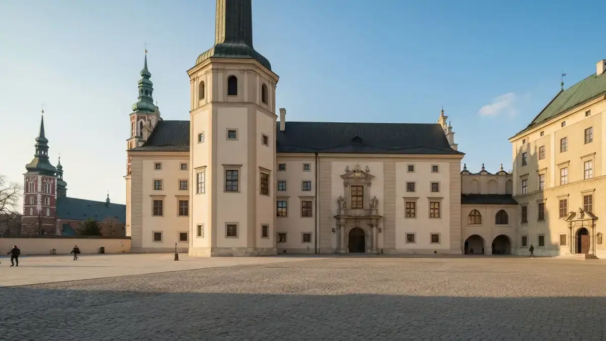 Pałac Biskupów Krakowskich w Kielcach widziany z placu Zamkowego w świetle dnia