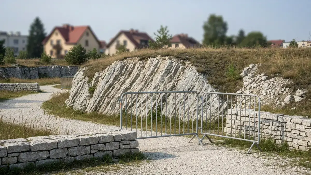 Zamknieta sciezka przy skalach rezerwatu Slichowice w Kielcach