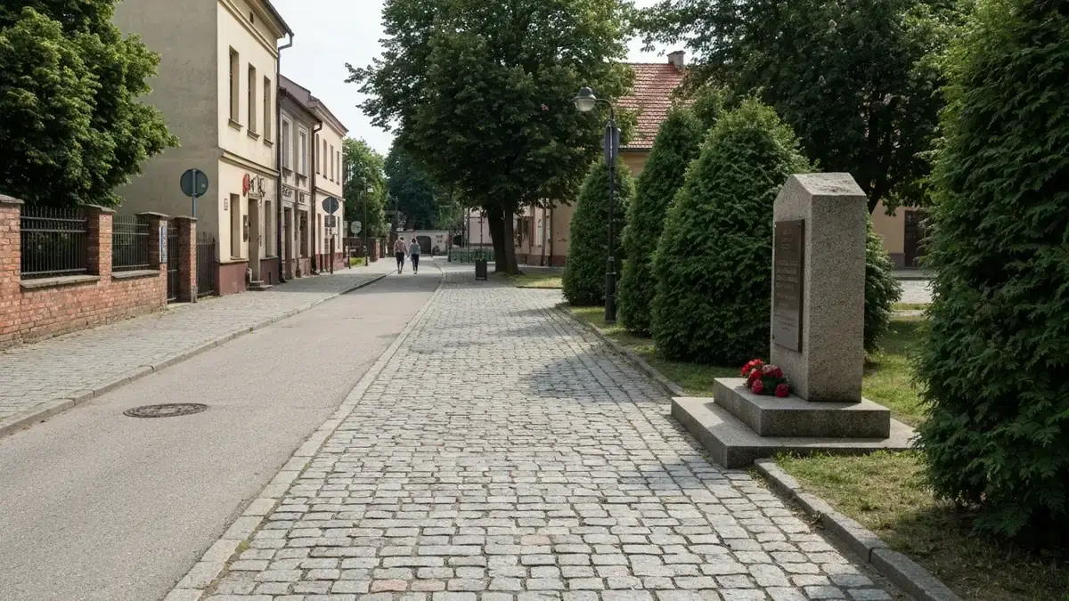 Spokojna ulica Planty w Kielcach z miejscem pamięci i zabudową centrum