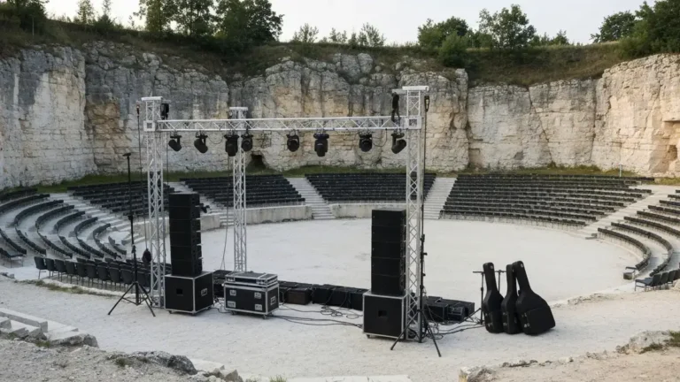 Scena koncertowa w amfiteatrze Kadzielnia w Kielcach na tle wapiennych skal