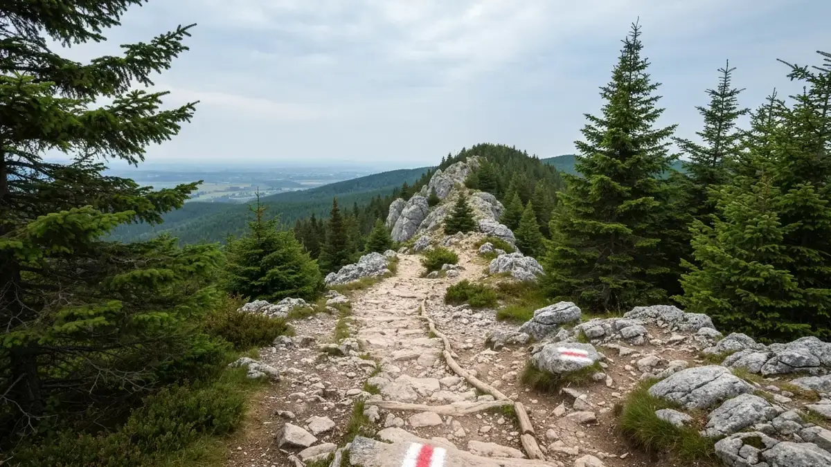 Leśna trasa w Górach Świętokrzyskich z widokiem na okolice Kielc