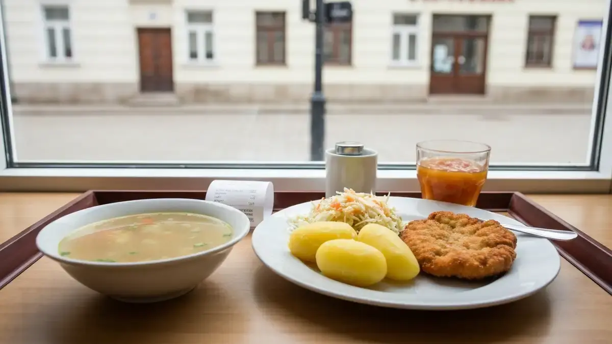 Tani obiad na stole w barze w centrum Kielc z miejską ulicą w tle