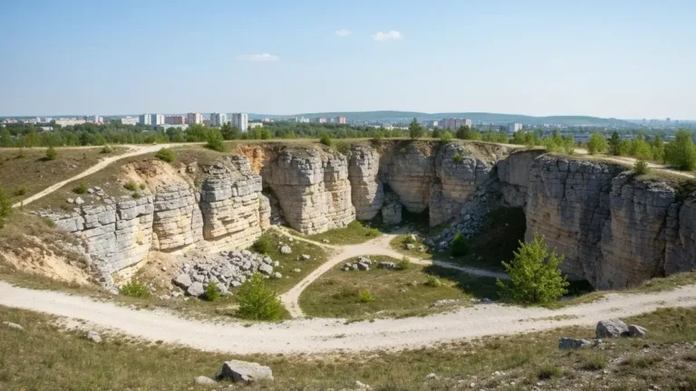 Wapienne skały Kadzielni w Kielcach z panoramą Gór Świętokrzyskich w tle
