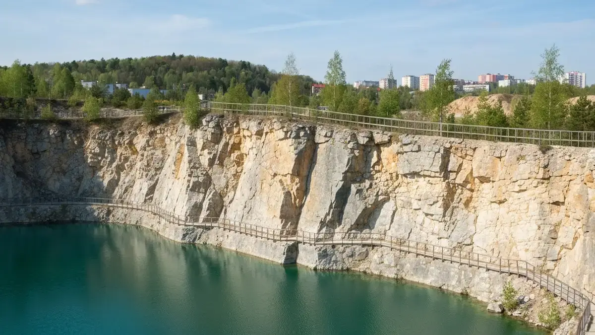 Wapienne skały Kadzielni w Kielcach z wodą i panoramą miasta w tle