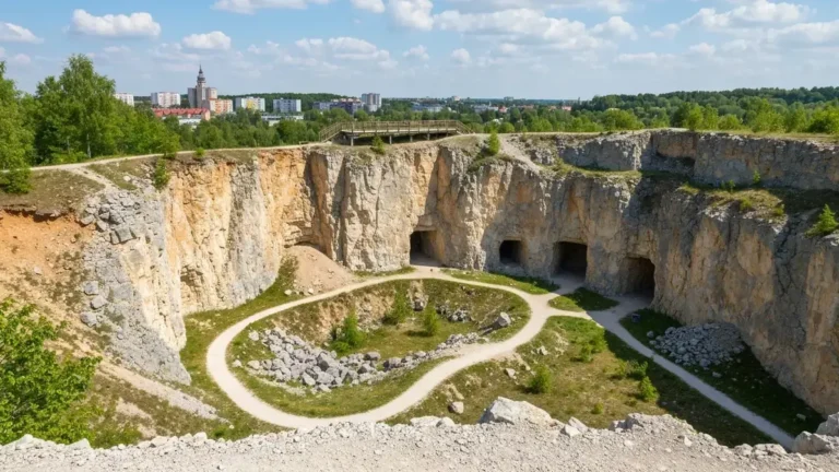 Geościeżka Kadzielnia w Kielcach z wapiennymi ścianami dawnego kamieniołomu