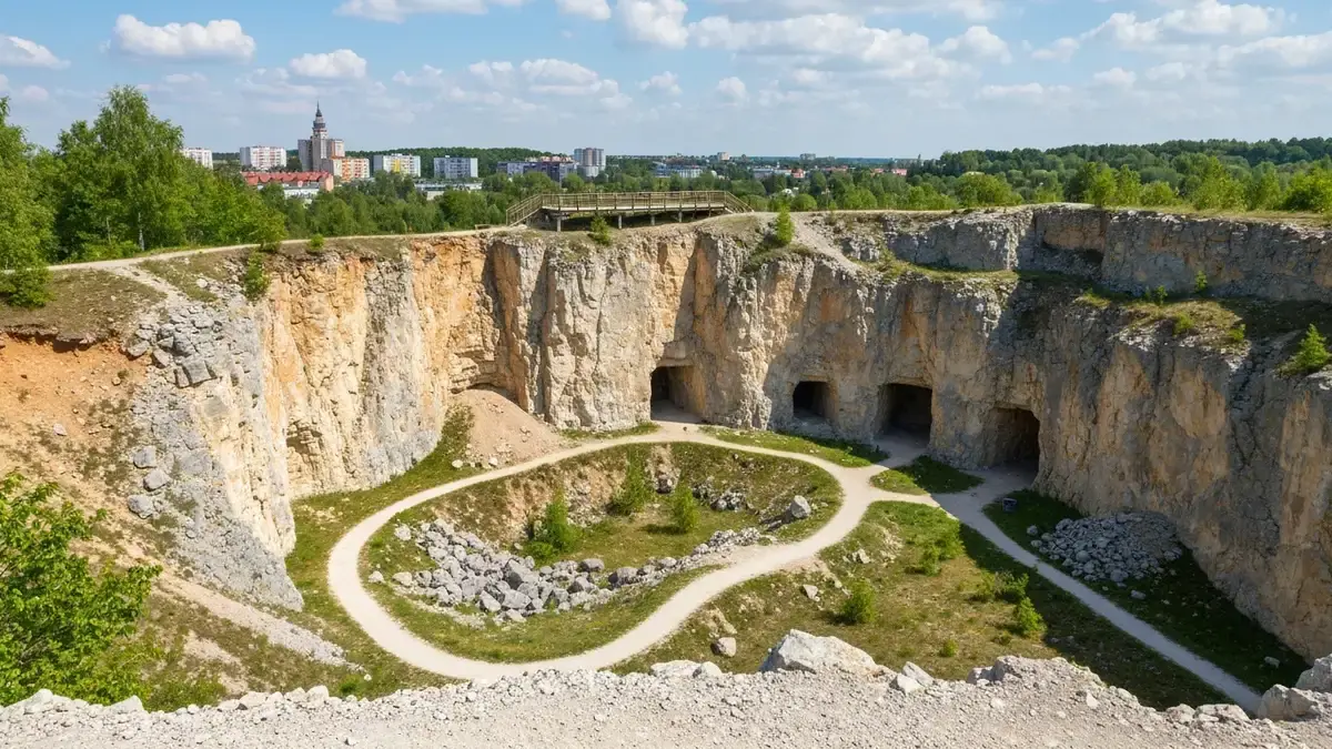 Geościeżka Kadzielnia w Kielcach z wapiennymi ścianami dawnego kamieniołomu