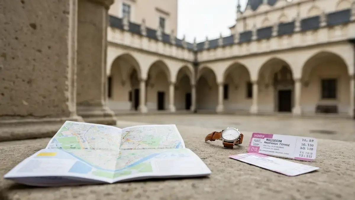 Mapa Kielc, zegarek i bilety na tle zabytkowego muzeum w centrum miasta