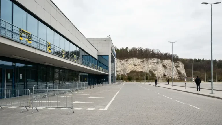Hala sportowa w Kielcach z parkingiem i wapiennymi wzgórzami Kadzielni w tle