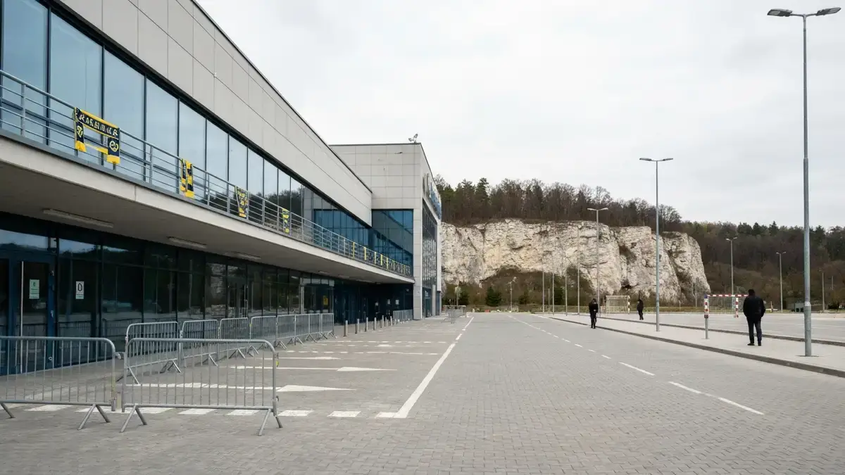 Hala sportowa w Kielcach z parkingiem i wapiennymi wzgórzami Kadzielni w tle