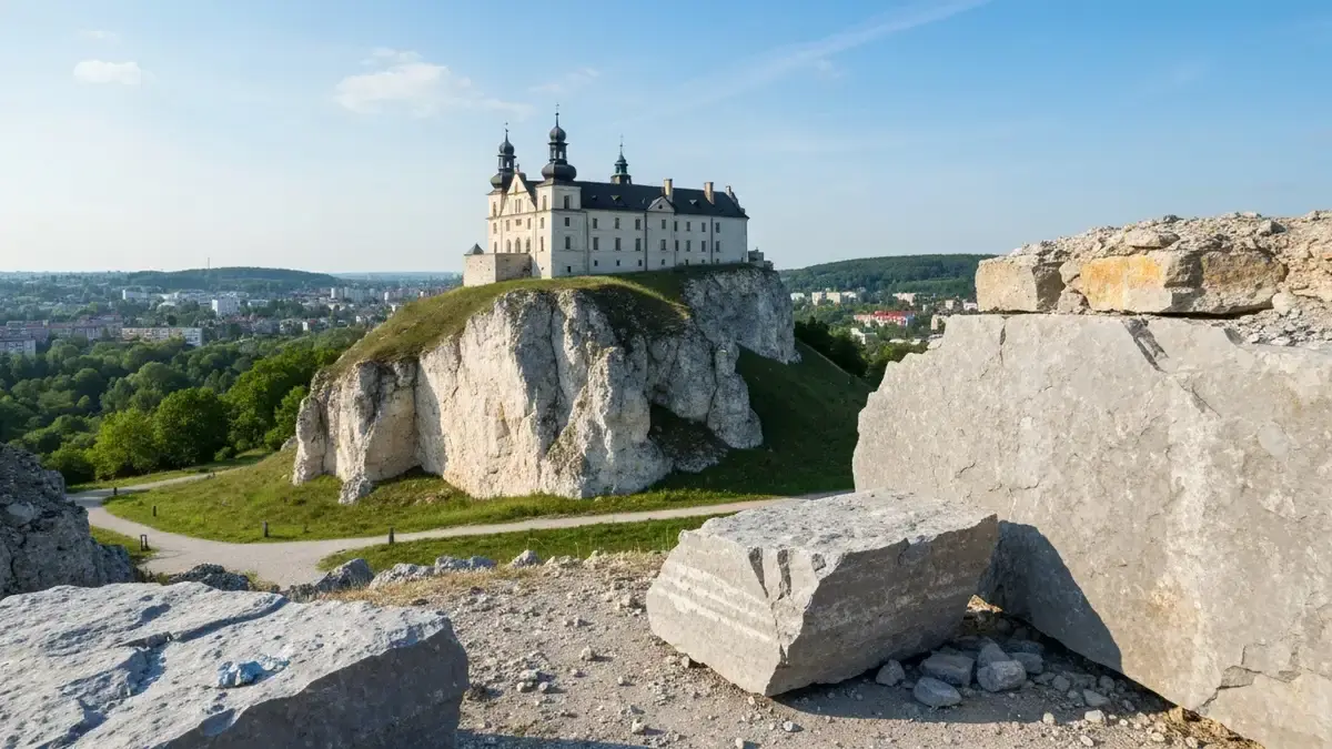 Klasztor na Karczowce w Kielcach na wapiennym wzgorzu z panorama miasta