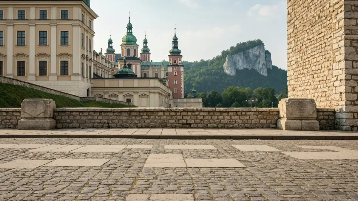 Pałac Biskupów Krakowskich w Kielcach i lokalny kamień na tle Gór Świętokrzyskich