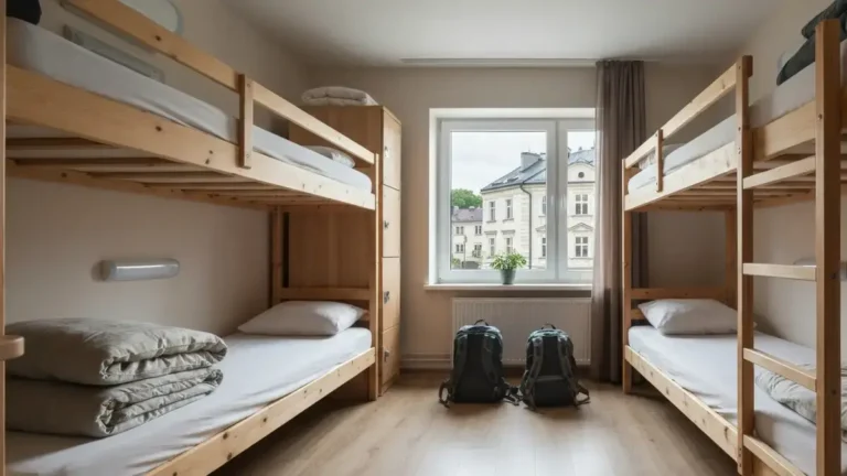 Pokoj hostelowy w Kielcach z pietrowymi lozkami i plecakami na tle miejskiej zabudowy