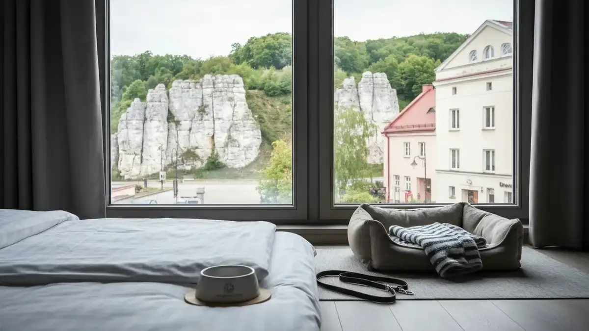 Pokoj hotelowy w Kielcach przygotowany na pobyt z psem i widokiem na zielone wzgorza