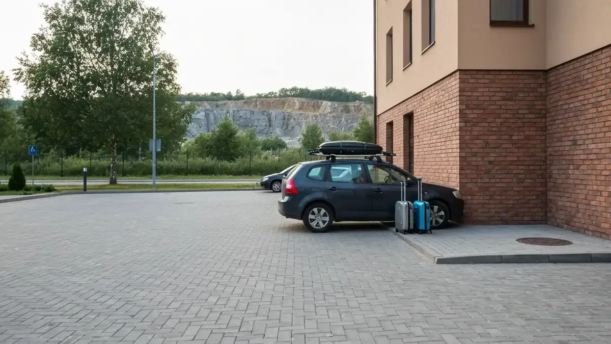 Samochod z bagazami na hotelowym parkingu w Kielcach, w tle zielen i wapienne skaly