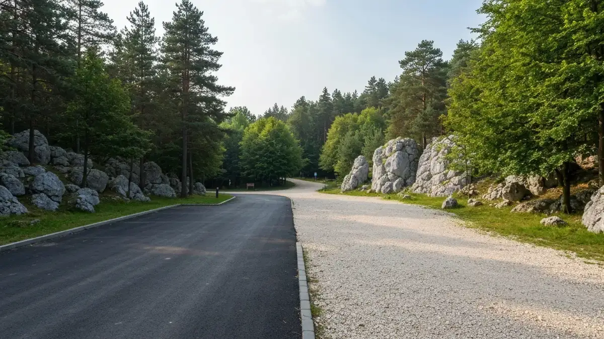 Parking i sciezka do Jaskini Raj pod Kielcami w otoczeniu wapiennych wzgorz i lasu