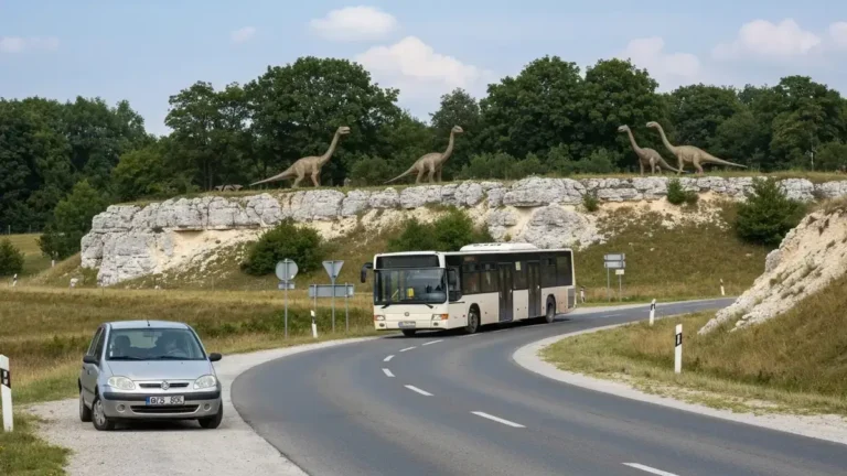 Auto i autobus na trasie z Kielc do Baltowa w krajobrazie Gór Swietokrzyskich